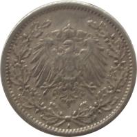 obverse of 1/2 Mark - Wilhelm II - Small shield (1905 - 1919) coin with KM# 17 from Germany. Inscription: A