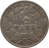 Germany coin 1/2 Mark - Wilhelm II - Small shield (1905 - 1919) reverse reverse of 1/2 Mark - Wilhelm II - Small shield (1905 - 1919) coin with KM# 17 from Germany. Inscription: DEUTSCHES REICH 1/2 MARK 1905