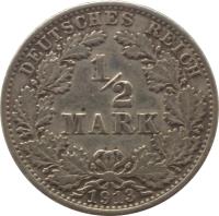 reverse of 1/2 Mark - Wilhelm II - Small shield (1905 - 1919) coin with KM# 17 from Germany. Inscription: DEUTSCHES REICH 1/2 MARK 1905