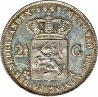 reverse of 2 1/2 Gulden - Willem II (1841 - 1849) coin with KM# 69 from Netherlands. Inscription: MUNT VAN HET KONINKRIJK DER NEDERLANDEN 1848