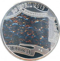 Netherlands coin 10 Euro - Willem-Alexander - The Inauguration of King Willem-Alexander (2013) reverse reverse of 10 Euro - Willem-Alexander - The Inauguration of King Willem-Alexander (2013) coin with KM# 339 from Netherlands. Inscription: 30 APRIL 2013 10 EURO TIENDRAI