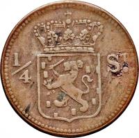 Netherlands East Indies coin 1/4 Stuiver - Willem I - Surabaya (1822 - 1836) obverse obverse of 1/4 Stuiver - Willem I - Surabaya (1822 - 1836) coin with KM# 287 from Netherlands East Indies. Inscription: 1/4 S