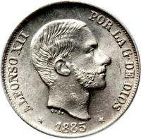 obverse of 10 Centavos - Alfonso XII (1880 - 1885) coin with KM# 148 from Philippines. Inscription: ALFONSO XII POR LA G. DE DIOS G · S · * 1885 *