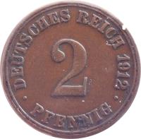 Germany coin 2 Pfennig - Wilhelm II - Large eagle (1904 - 1916) reverse reverse of 2 Pfennig - Wilhelm II - Large eagle (1904 - 1916) coin with KM# 16 from Germany. Inscription: DEUTSCHES REICH 1910 2 . PFENNIG .