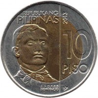obverse of 10 Piso - Andres Bonifacio (2013) coin with KM# 285 from Philippines. Inscription: REPUBLIKANG PILIPINAS 2013 10 PISO Andres Bonifacio