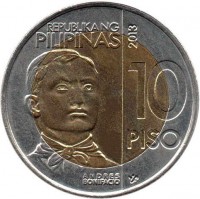 Philippines coin 10 Piso - Andres Bonifacio (2013) obverse obverse of 10 Piso - Andres Bonifacio (2013) coin with KM# 285 from Philippines. Inscription: REPUBLIKANG PILIPINAS 2013 10 PISO Andres Bonifacio