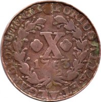 Portugal coin 10 Réis - José I (1751 - 1776) reverse reverse of 10 Réis - José I (1751 - 1776) coin with KM# 243 from Portugal. Inscription: PORTUGALIÆ · ET · ALGARBIORUM · REX X 1763