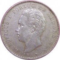 obverse of 500 Réis - Luiz I (1863 - 1889) coin with KM# 509 from Portugal. Inscription: LUDOVICUS · I · PORTUG: ET · ALGARB: REX F.A.C. · 1870 ·