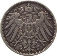 obverse of 1 Mark - Wilhelm II - Large eagle (1891 - 1916) coin with KM# 14 from Germany. Inscription: P P