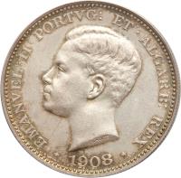 obverse of 500 Réis - Manuel II (1908 - 1909) coin with KM# 547 from Portugal. Inscription: EMANVEL · II · PORTVG: ET · ALGARB: V.ALVES · 1908 ·