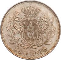 reverse of 500 Réis - Manuel II (1908 - 1909) coin with KM# 547 from Portugal. Inscription: 500 REIS