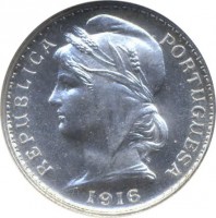 obverse of 20 Centavos (1913 - 1916) coin with KM# 562 from Portugal. Inscription: REPUBLICA PORTUGUESA 1916