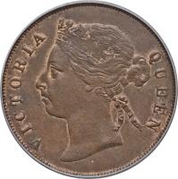 obverse of 1 Cent - Victoria (1884 - 1886) coin with KM# 9a from Straits Settlements. Inscription: VICTORIA QUEEN