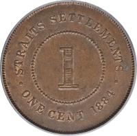Straits Settlements coin 1 Cent - Victoria (1884 - 1886) reverse reverse of 1 Cent - Victoria (1884 - 1886) coin with KM# 9a from Straits Settlements. Inscription: · STRAITS SETTLEMENTS · 1 ONE CENT 1884