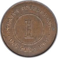 reverse of 1 Cent - Victoria (1884 - 1886) coin with KM# 9a from Straits Settlements. Inscription: · STRAITS SETTLEMENTS · 1 ONE CENT 1884