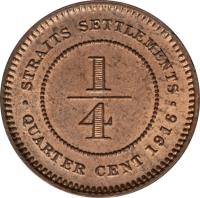 reverse of 1/4 Cent - George V (1916) coin with KM# 27 from Straits Settlements. Inscription: · STRAITS SETTLEMENTS · 1/4 QUARTER CENT 1916