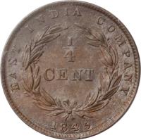 reverse of 1/4 Cent - Victoria (1845) coin with KM# 1 from Straits Settlements. Inscription: EAST INDIA COMPANY 1/4 CENT 1845