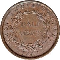 reverse of 1/2 Cent - Victoria (1845) coin with KM# 2 from Straits Settlements. Inscription: EAST INDIA COMPANY HALF CENT 1845