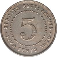 Straits Settlements coin 5 Cents - George V (1920) reverse reverse of 5 Cents - George V (1920) coin with KM# 34 from Straits Settlements. Inscription: STRAITS SETTLEMENTS 5 -FIVE CENTS 1920-