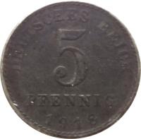 Germany coin 5 Pfennig - Wilhelm II - Large eagle (1915 - 1922) reverse reverse of 5 Pfennig - Wilhelm II - Large eagle (1915 - 1922) coin with KM# 19 from Germany. Inscription: DEUTSCHES REICH 5 PFENNIG 1917