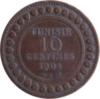 Tunisia coin 10 Centimes - Muhammad IV al-Hadi (1903 - 1904) reverse reverse of 10 Centimes - Muhammad IV al-Hadi (1903 - 1904) coin with KM# 229 from Tunisia. Inscription: TUNISIE 10 CENTIMES 1904