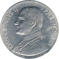 Vatican City coin 10 Lire - John Paul II (1979 - 1980) obverse obverse of 10 Lire - John Paul II (1979 - 1980) coin with KM# 143 from Vatican City. Inscription: IOANNES PAVLVS II P.M.A.I · MCMLXXIX VEROI