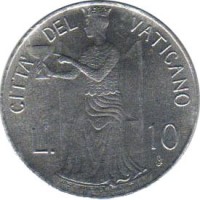 Vatican City coin 10 Lire - John Paul II (1979 - 1980) reverse reverse of 10 Lire - John Paul II (1979 - 1980) coin with KM# 143 from Vatican City. Inscription: CITTA' DEL VATICANO L. 10 TEMPERANTIA