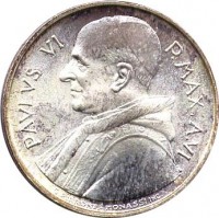 obverse of 500 Lire - Paulus VI (1968) coin with KM# 107 from Vatican City. Inscription: PAVLVS VI P.MAX.A.VI G.PIRRONE-MONASSI INC.