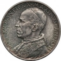 obverse of 5 Lire - Pius XII (1939 - 1941) coin with KM# 28 from Vatican City. Inscription: PIVS · XII · PONTIFEX · MAXIMUS · ANNO · II MISTRUZZI