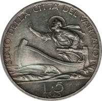reverse of 5 Lire - Pius XII (1939 - 1941) coin with KM# 28 from Vatican City. Inscription: STATO DELLA CITTA' DEL VATICANO L · 5 1940