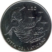 reverse of 50 Lire - Paulus VI (1969) coin with KM# 113 from Vatican City. Inscription: L.50 CITTA'*DEL*VATICANO