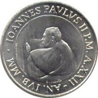obverse of 50 Lire - John Paul II (2000) coin with KM# 325 from Vatican City. Inscription: IOANNES PAVLVS II P.M. A.XXII - AN. IVB. MM ·