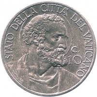 reverse of 10 Centesimi - Pius XII (1939 - 1941) coin with KM# 23 from Vatican City. Inscription: STATO DELLA CITTA' DEL VATICANO c. 10