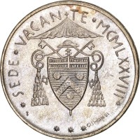 obverse of 500 Lire - Sede Vacante - Sede Vacante (1978) coin with KM# 140 from Vatican City. Inscription: · SEDE · VACANTE · MCMLXXVIII · GISMONDI