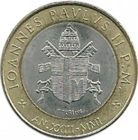 Vatican City coin 1000 Lire - John Paul II (2001) obverse obverse of 1000 Lire - John Paul II (2001) coin with KM# 337 from Vatican City. Inscription: IOANNES PAVLUS II P.M. * AN.XXIII-MMI *
