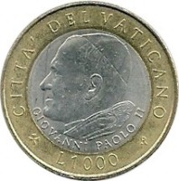 reverse of 1000 Lire - John Paul II (2001) coin with KM# 337 from Vatican City. Inscription: CITTA DEL VATICANO * L.1000 *