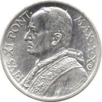 obverse of 5 Lire - Pius XI (1929 - 1937) coin with KM# 7 from Vatican City. Inscription: PIVS XI PONT · MAX · A · XI MISTRVZZI A · MOTTI · INC