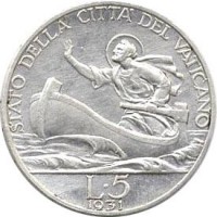 reverse of 5 Lire - Pius XI (1929 - 1937) coin with KM# 7 from Vatican City. Inscription: STATO DELLA CITTA' DEL VATICANO L · 5 1931