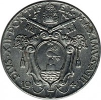 obverse of 20 Centesimi - Pius XII (1940 - 1941) coin with KM# 24a from Vatican City. Inscription: PIVS · XII · PONTIF EX · MAXIMVS · A · III 19 41