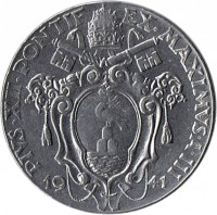 obverse of 50 Centesimi - Pius XII (1940 - 1941) coin with KM# 25a from Vatican City. Inscription: PIVS · XII · PONTIFEX · MAXIMVS · A · III 19 41