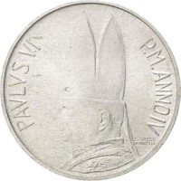 obverse of 5 Lire - Paul VI (1966) coin with KM# 86 from Vatican City. Inscription: PAVLVS VI P.M.ANNO IV