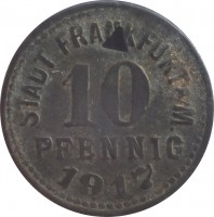 reverse of 10 Pfennig - Frankfurt am Main (Hessen-Nassau) (1917 - 1919) coin with F# 136 from Germany. Inscription: STADT FRANKFURT A/M. 10 PFENNIG 1917