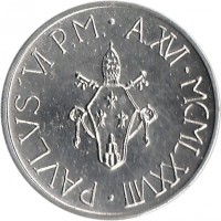 obverse of 5 Lire - Paul VI (1978) coin with KM# 133 from Vatican City. Inscription: PAVLVS VI P.M. · A. XVI · MCMLXXVIII