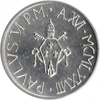 Vatican City coin 5 Lire - Paul VI (1978) obverse obverse of 5 Lire - Paul VI (1978) coin with KM# 133 from Vatican City. Inscription: PAVLVS VI P.M. · A. XVI · MCMLXXVIII