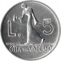 Vatican City coin 5 Lire - Paul VI (1978) reverse reverse of 5 Lire - Paul VI (1978) coin with KM# 133 from Vatican City. Inscription: L. 5 CITTA' DEL VATICANO