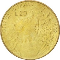 reverse of 20 Lire - Paul VI (1966) coin with KM# 88 from Vatican City. Inscription: CITTA' DEL VATICANO L.20