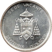 obverse of 500 Lire - Second 1978 Sede Vacante - Sede Vacante (1978) coin with KM# 141 from Vatican City. Inscription: SEDE VACANTE SEPTEMBER MCMLXXVIII