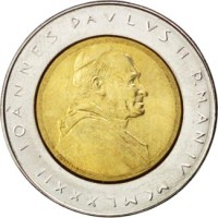 obverse of 500 Lire - John Paul II - Education (1982) coin with KM# 166 from Vatican City. Inscription: IOANNES PAVLVS II P.MM. AN IV MCMLXXXII
