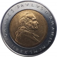 Vatican City coin 500 Lire - John Paul II - Education (1982) obverse obverse of 500 Lire - John Paul II - Education (1982) coin with KM# 166 from Vatican City. Inscription: IOANNES PAVLVS II P.MM. AN IV MCMLXXXII