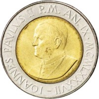 Vatican City coin 500 Lire - John Paul II (1987) obverse obverse of 500 Lire - John Paul II (1987) coin with KM# 204 from Vatican City. Inscription: IOANNES PAVLVS II P.M. AN. IX · MCMLXXXVII -